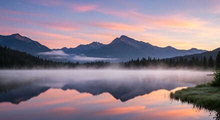 Fototapeta premium Serene mountain lake at sunrise with reflecting peaks and misty atmosphere
