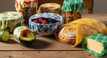 Various foods wrapped in beeswax wraps on a wooden surface