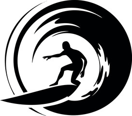 Vector silhouette of a surfer inside a wave tube.