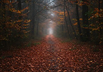 Autumn path in misty forest