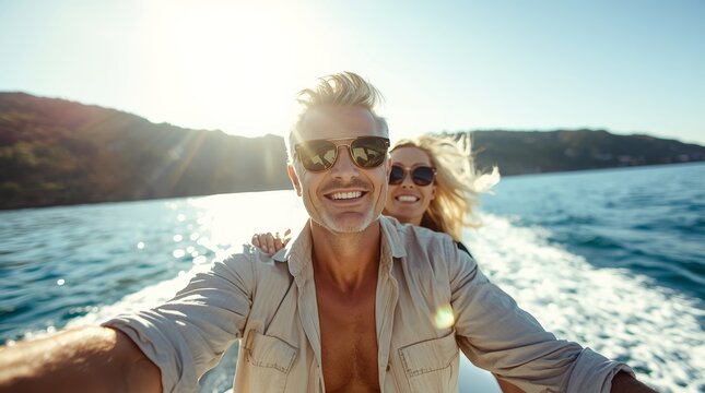 A vibrant, sundrenched, extreme close-up portrait of a happy, attractive middle-aged Caucasian couple (man and woman) enjoying a luxurious boat trip or yachting experience on the sea.