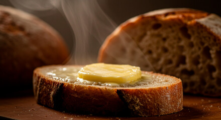 Close-up of Hot Toasted Sourdough Bread with Melting Butter