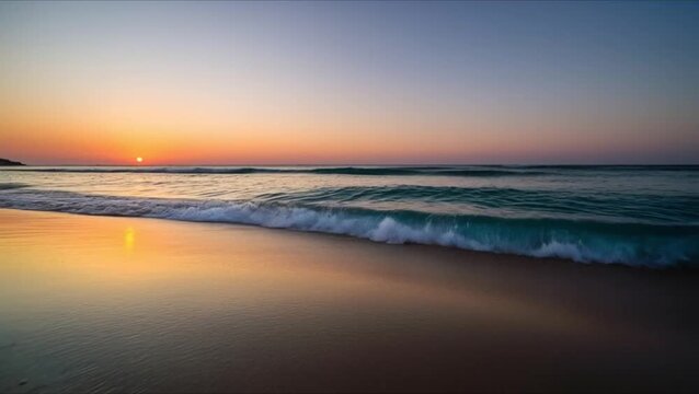 The tranquil beachscape unveils a stunning sunset over the calm ocean. Captured in a vibrant and realistic shot, the image shows the water gently washing ashore, and the sky ablaze with fiery hues.