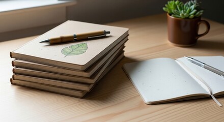Still life of notebooks pen and plant on a wooden surface