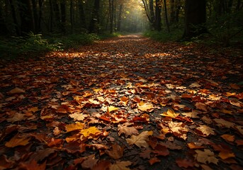 Autumn path through forest leaves