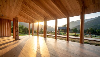 An open wooden structure with natural light illuminating the floor and supporting columns, framing a picturesque mountain and lake view