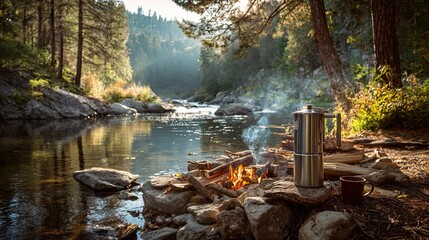 A serene riverside scene featuring a campfire, a coffee pot, and lush greenery, inviting relaxation and outdoor enjoyment.
