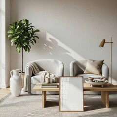Mockup poster frame in modern minimalist living room with cozy Scandinavian interior, stylish armchairs, wooden coffee table, indoor plant and natural sunlight