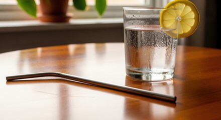 Glass of water with lemon and metal straw on wooden surface
