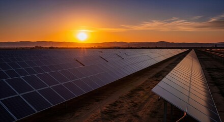 Solar panels at sunset creating renewable energy source