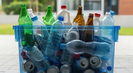 A blue recycling bin filled with plastic bottles and cans