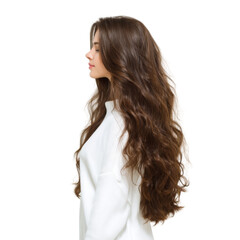 Fototapeta premium Beautiful Young Woman with Long Brown Hair in Profile Wearing Cozy Sweater Against Plain Background