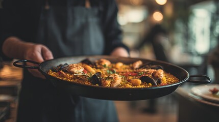 Chef holding skillet with paella, tilting to plate onto dish, background softly blurred with copy space 