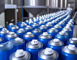 Obraz premium Rows of blue spray cans on a conveyor belt in a factory