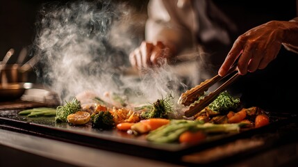 Chef using tongs to flip grilled vegetables on pan, smoke rising with moody copy space 