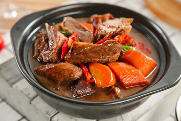 Braised Goose with Vegetables in Traditional Iron Pot - Rustic Farmhouse Countryside Cooking