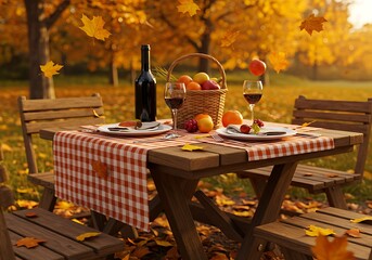 Autumn picnic setting with fall foliage and wine