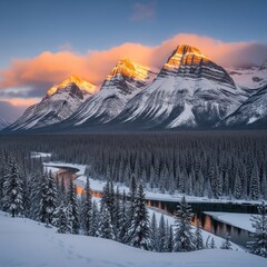 Snowy mountains and river landscape at sunrise in winter time