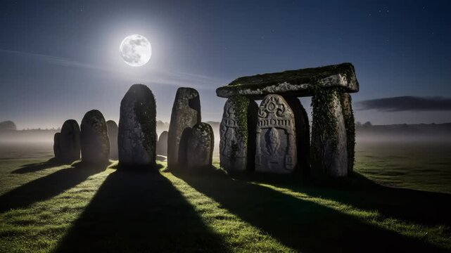Ancient monolithic stone circle illuminated by shifting sun and full moon across a misty field, historical era footage.