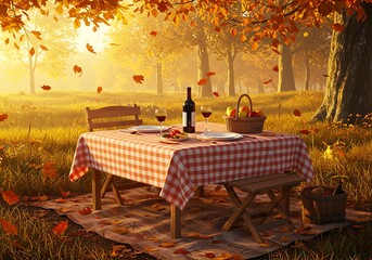 Autumn picnic under trees