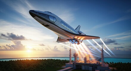 Space shuttle launching from a tropical island at sunset