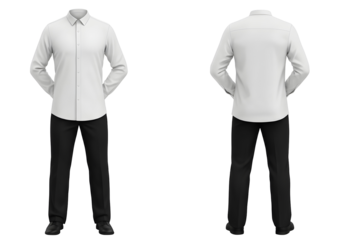 Front and back view of formal uniform with white long-sleeve shirt and black trousers, isolated on transparent background for corporate, service, or hospitality design.