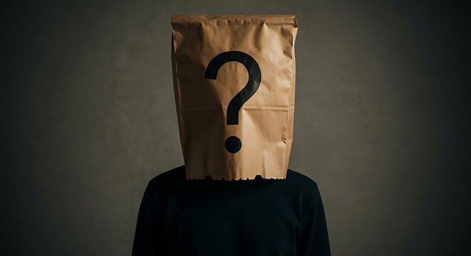 Person with question mark on paper bag head mystery concept