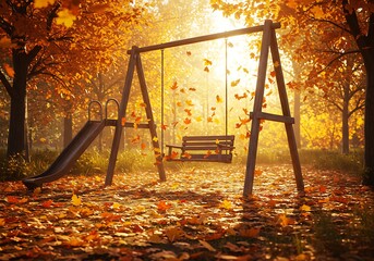 Autumn playground swing set with fallen leaves