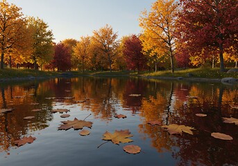 Autumn pond reflection landscape