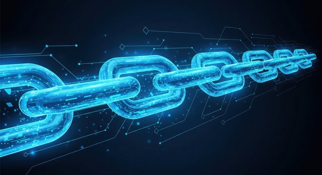 A glowing blue chain with circuit board style connections - Powered by Adobe