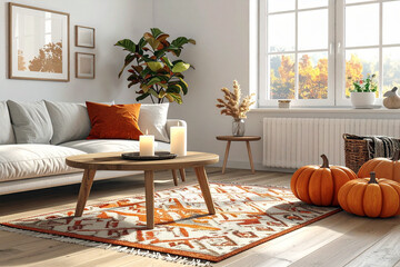 Cozy autumn living room interior with sofa, patterned rug, pumpkins, and candles in warm seasonal color.