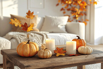 Autumn living room arrangement with pumpkins, candles, and golden leaves styled on a wooden table in warm tones
