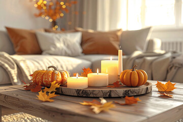 Stylish autumn living room with candles, pumpkins, and golden leaves on a rustic table, creating a seasonal cozy mood.