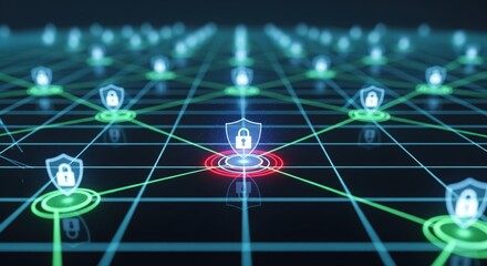 Network security concept with shields and glowing connections