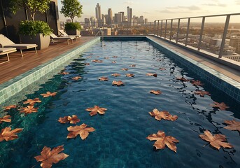 Autumn rooftop pool cityscape