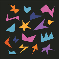 Vibrant abstract geometric shapes, stars, and lightning bolts for dynamic retro graphic designs