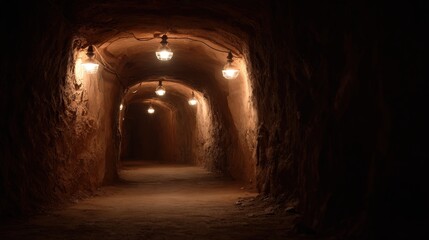 Mysterious Underground Tunnel with Soft Lighting and Vintage Lamps Illuminating an Earthy Pathway Leading to the Unknown