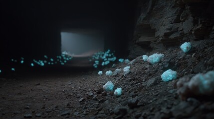 Ethereal Blue Crystals Illuminating Dark Cave Tunnel Pathway with Mysterious Shadows and Glowing Stones in a Natural Underground Environment