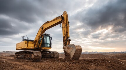 Heavy yellow excavator on construction site moving dirt under dramatic cloudy sky with distant urban skyline visible in the background