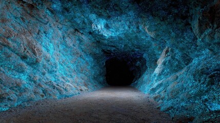 Ethereal Blue Cave with Mysterious Depths and Illuminated Walls Perfect for Fantasy Artwork and Nature Photography Captures