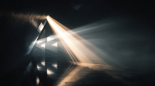 Geometric structure illuminated by dramatic light shafts beam dark