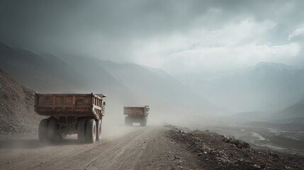 Dusty Road with Heavy Trucks in a Gloomy Mountain Landscape During Overcast Weather Conditions