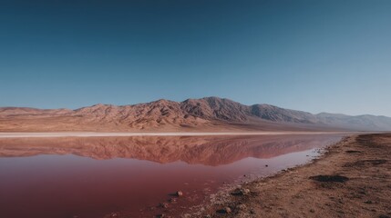 Serene Landscape of Still Waters Reflecting Mountains Under Clear Blue Sky in a Desert Oasis