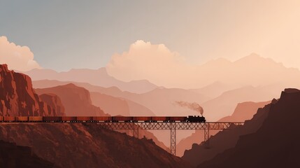 Stunning Silhouette of a Vintage Train Crossing a Bridge in Majestic Mountains During Sunset with Warm Earthy Tones and Soft Clouds