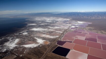 Aerial View of Vibrant Salt Flats with Varying Color Tones and Unique Geometric Patterns Under Clear Blue Sky
