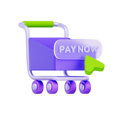 3D icon of a shopping cart with a pay now button and cursor For e-commerce checkout, online shopping payment, secure payment gateway, and completing a purchase. © Charcoal3d