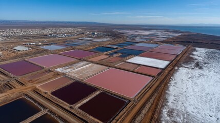 Aerial View of Colorful Salt Pans with Vibrant Tones in a Coastal Landscape under a Clear Blue Sky on a Sunny Day