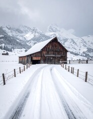 Fototapeta premium Snowy mountain landscape with barn