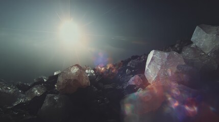 Stunning Close-Up of Crystals with Beautiful Reflections and Bright Sunlight in Background, Capturing Natural Splendor and Radiance of Gems in Nature