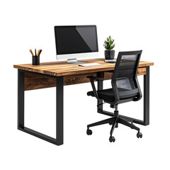 Fototapeta premium Minimalist Single-Person Workstation Desk with Metal Legs, Side Angle, Transparent Background